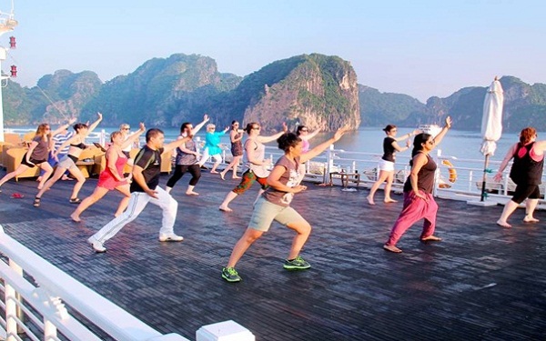 Early morning Tai Chi class on sundeck in Halong Bay