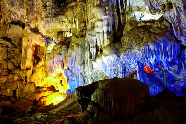 Magic world of rock under mysterious light in grottoes