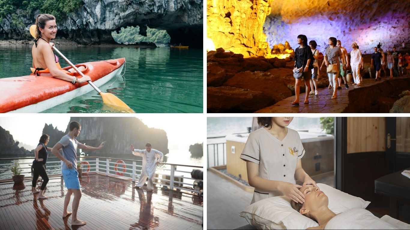 Halong Bay junk boat tour activities include kayaking, cave exploration, tai chi on sun deck, and spa