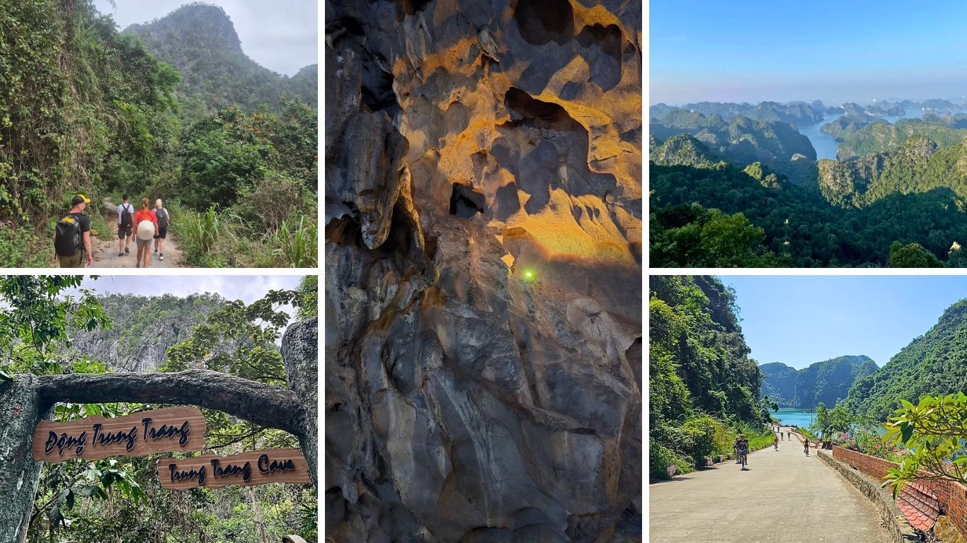 Cat Ba National Park trekking trails, Trung Trang Cave limestone formations, karst panoramic view and cycling road in Cat Ba Island Vietnam