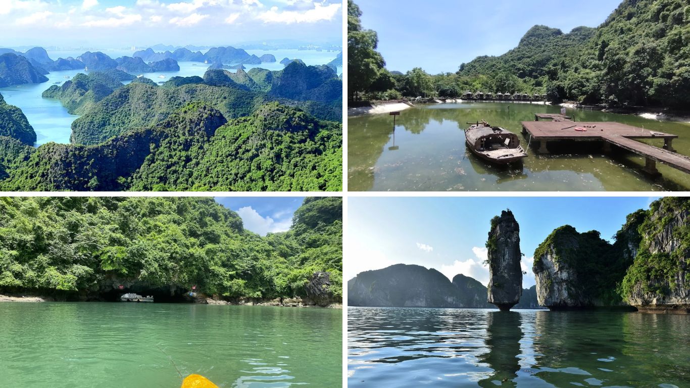 Cat Ba National Park ecosystem aerial view, Lan Ha Bay karst limestone formations, inland lake and mangrove lagoon Vietnam