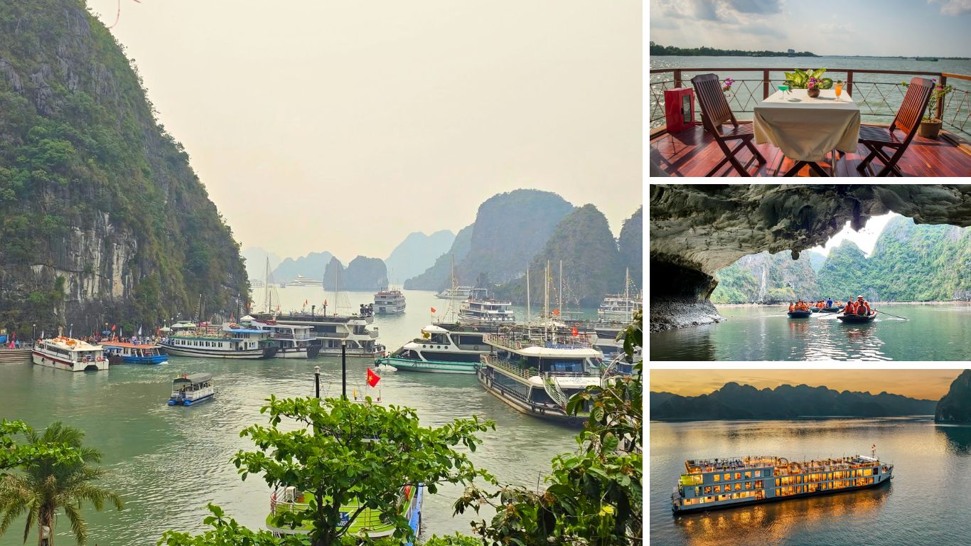 Collage of a 2-day Halong Bay cruise experience showing the harbor with junk boats, a romantic deck setup, tourists kayaking through a cave, and a cruise ship at sunset