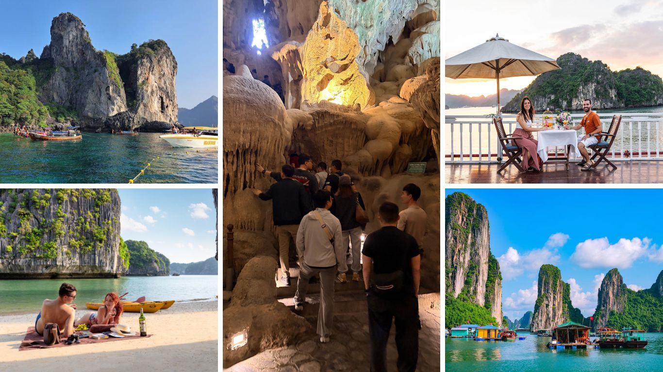 Collage of a 3-day Halong Bay cruise showing limestone karsts, tourists exploring a cave, a couple relaxing on a secluded beach with kayaks, a romantic sunset dinner on deck, and a colorful floating fishing village