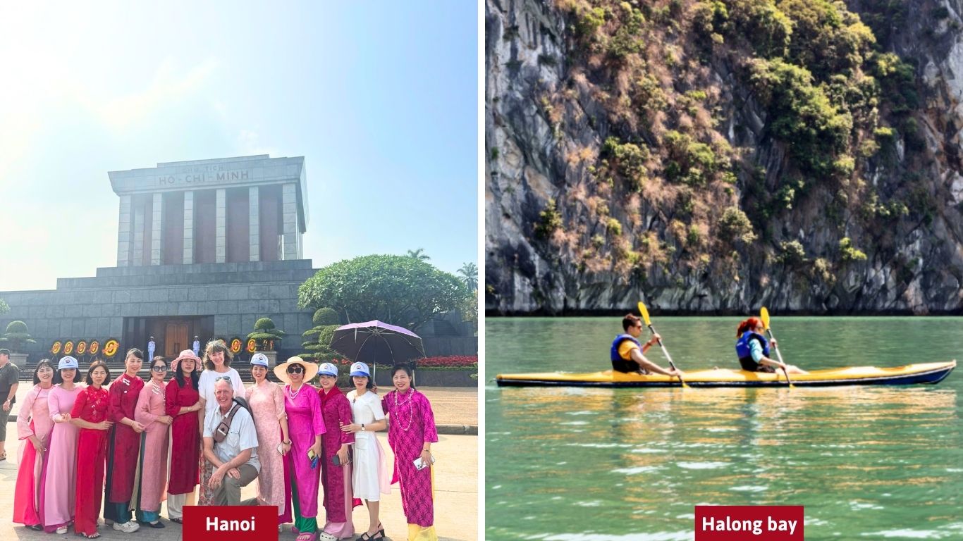 Group of tourists at Ho Chi Minh Mausoleum in Hanoi before departing on a Halong Bay day trip, and a couple kayaking among limestone karsts on the bay