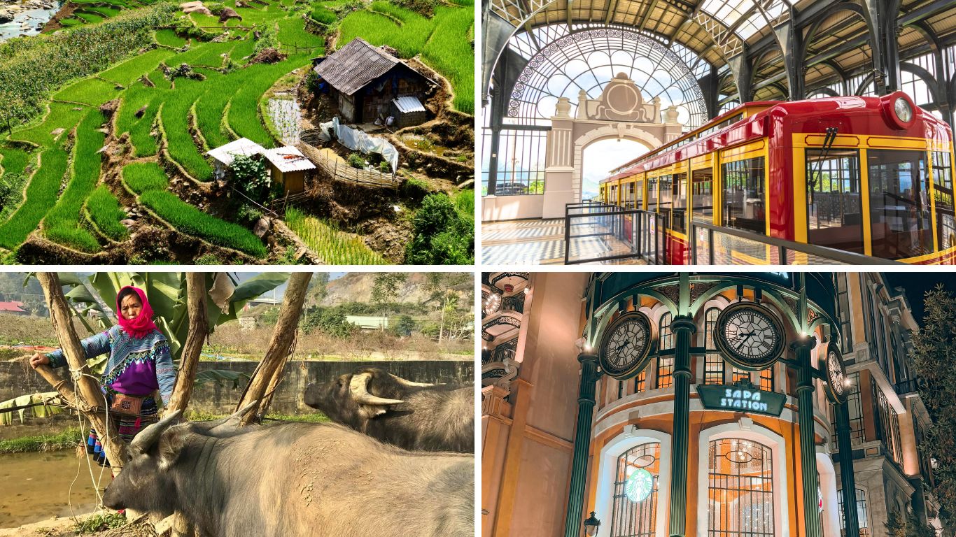 Terraced rice fields, local farmers harvesting, and Sapa cable car station showcasing the diverse landscapes of Sapa, Vietnam.