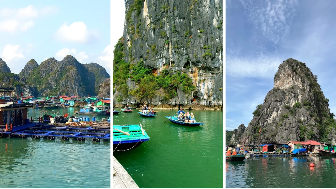 Panoramic view of Vung Vieng Fishing Village floating houses and limestone karsts in Halong Bay