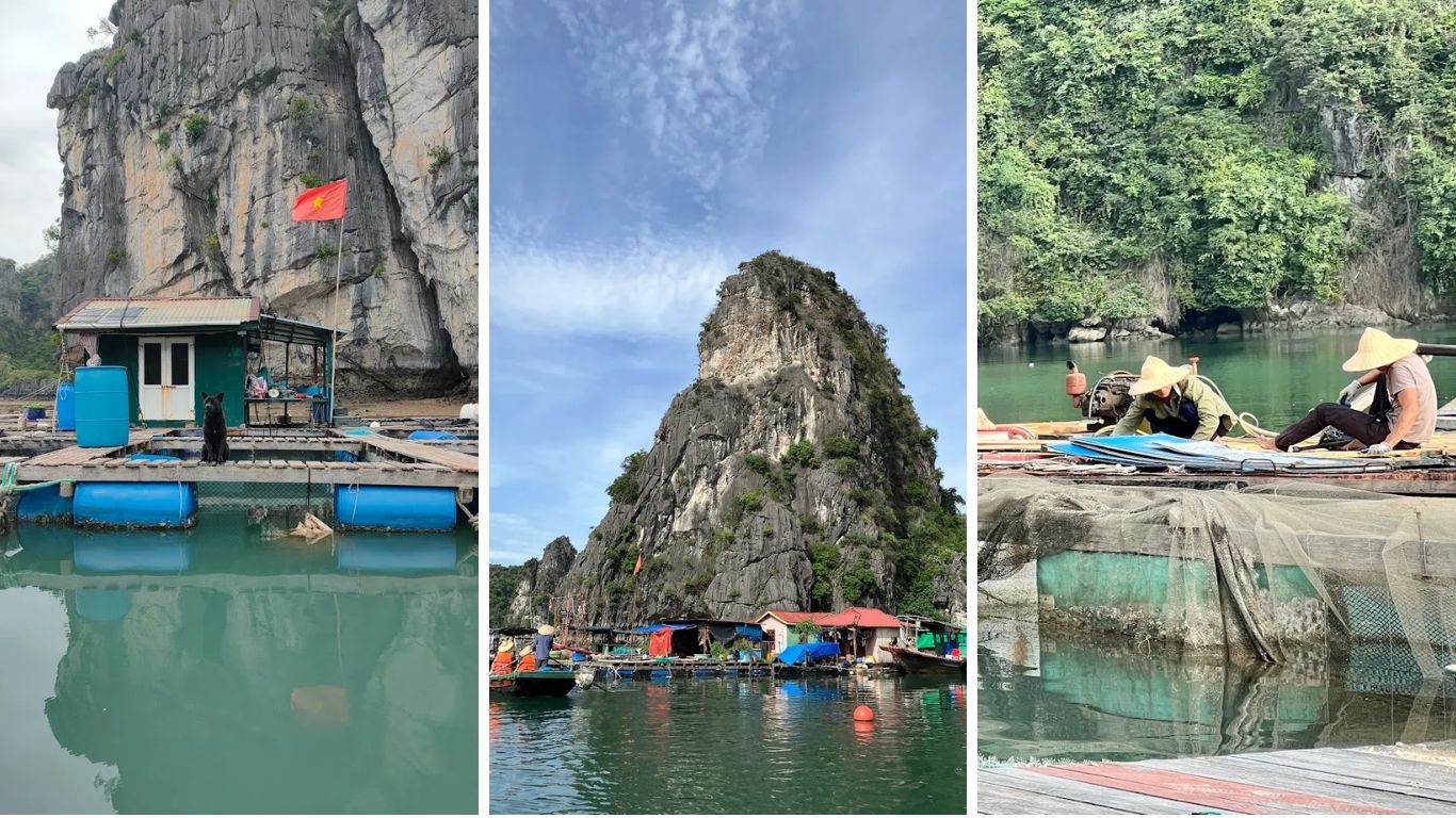 Ba Hang Fishing Village Halong Bay: floating home with Vietnamese flag, karst limestone with colorful village below, fishermen mending nets on a boat deck.