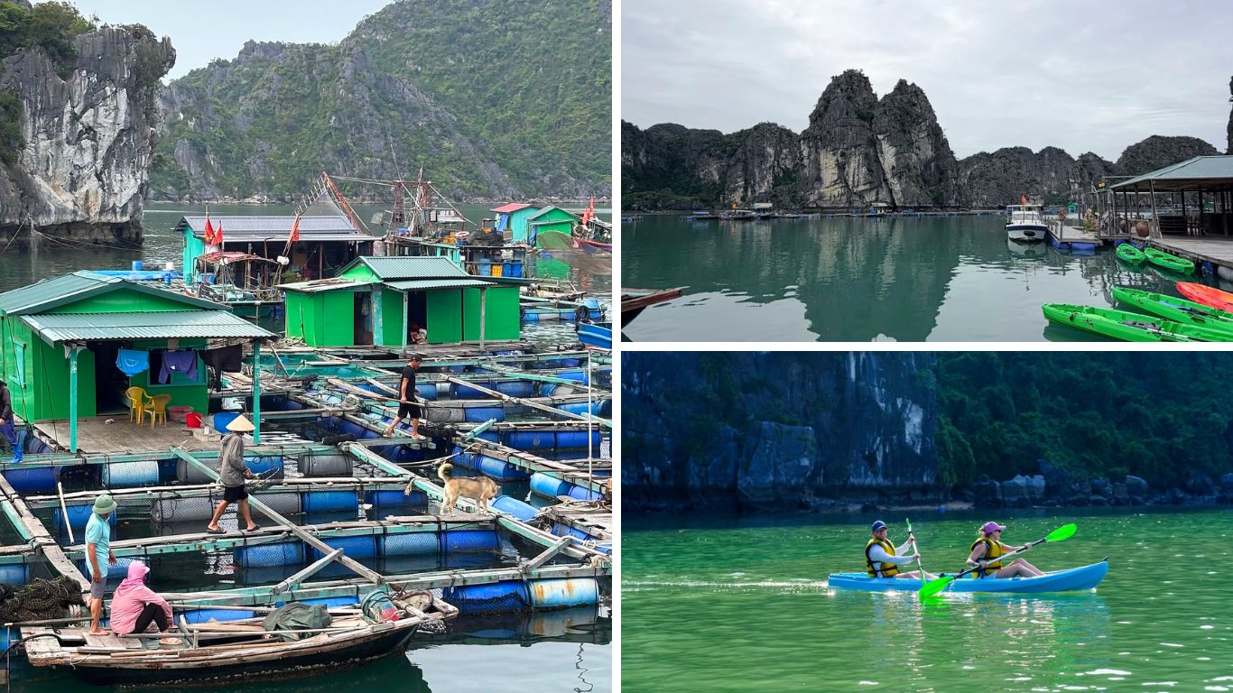 Ba Hang Fishing Village Halong Bay: locals walking on floating fish farm platforms, kayaks docked beside karst reflections, two tourists kayaking through emerald green water surrounded by limestone cliffs.