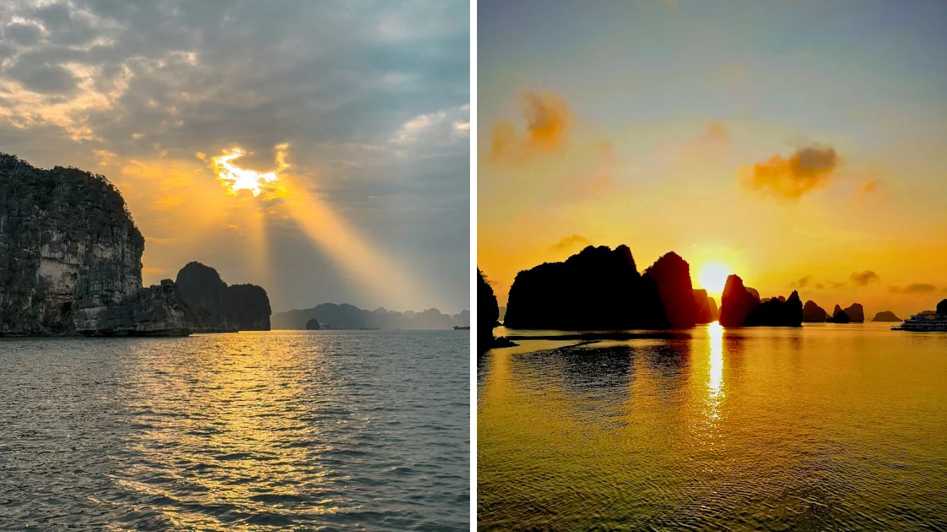 Two golden hour views over Halong Bay: sun rays breaking through clouds above limestone karsts at sunrise, and a fiery orange sunset silhouetting a row of karst islands over calm reflective water.