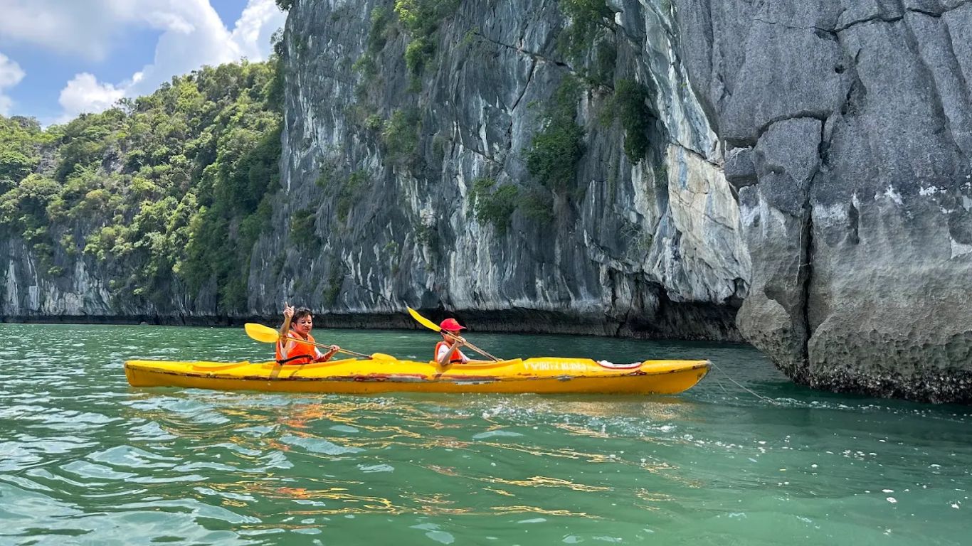 Kayaking through hidden lagoons in Halong Bay