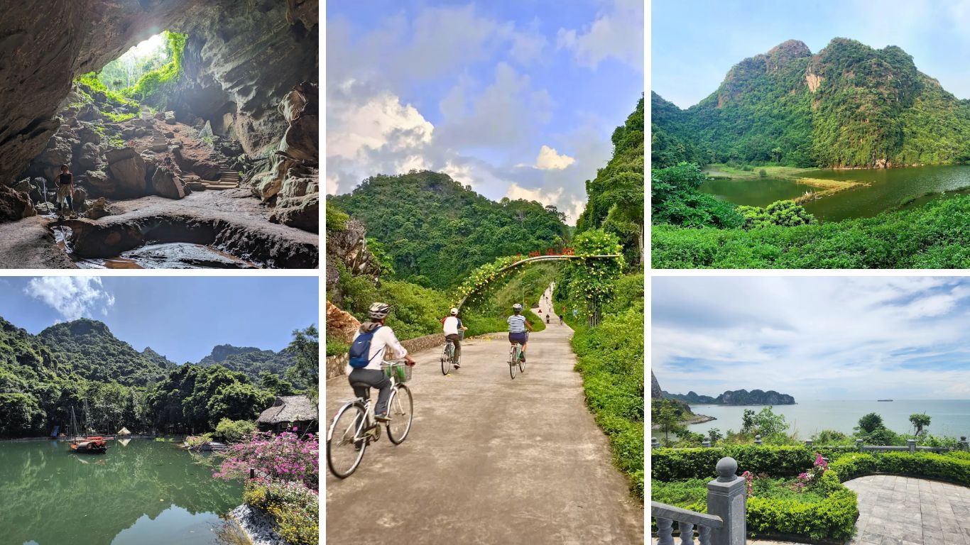 Cat Ba National Park Vietnam showing limestone cave interior, cycling path through jungle, mountain lake, floating village and panoramic sea view