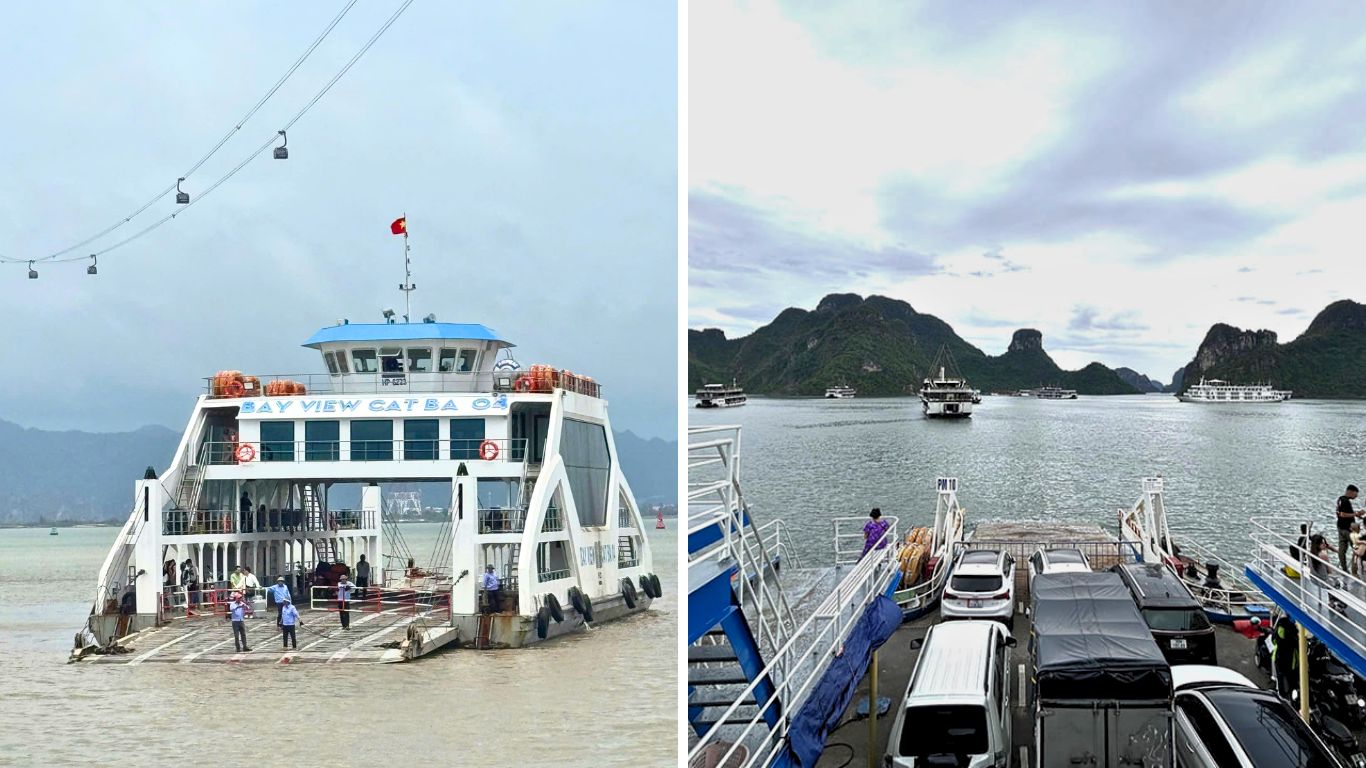 Ferry from Tuan Chau Harbor to Cat Ba Island crossing Halong Bay with limestone karsts in the background, Vietnam