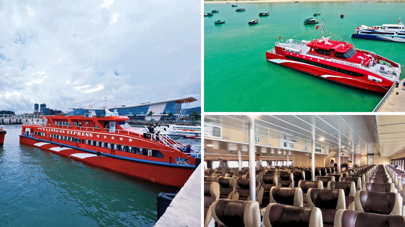 High speed express boat docked at Tuan Chau Harbor Halong Bay with air conditioned passenger cabin interior Vietnam