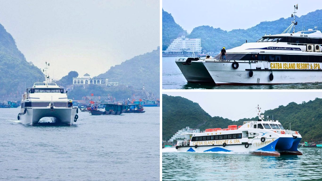 Hydrofoil speedboats crossing Halong Bay toward Cat Ba Island with limestone karst mountains in the background Vietnam
