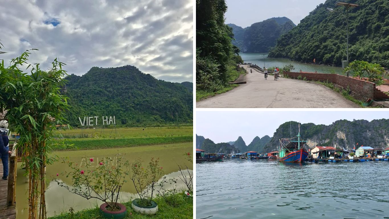 Viet Hai fishing village Cat Ba Island Vietnam with rice fields limestone mountains cycling path and traditional floating fishing boats