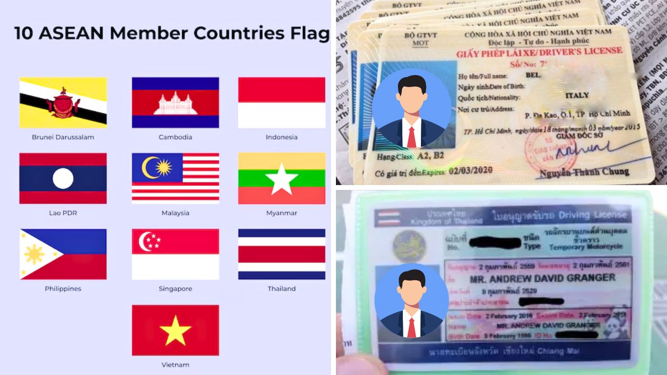 ASEAN countries flags and driver licenses demonstrating mutual recognition for driving