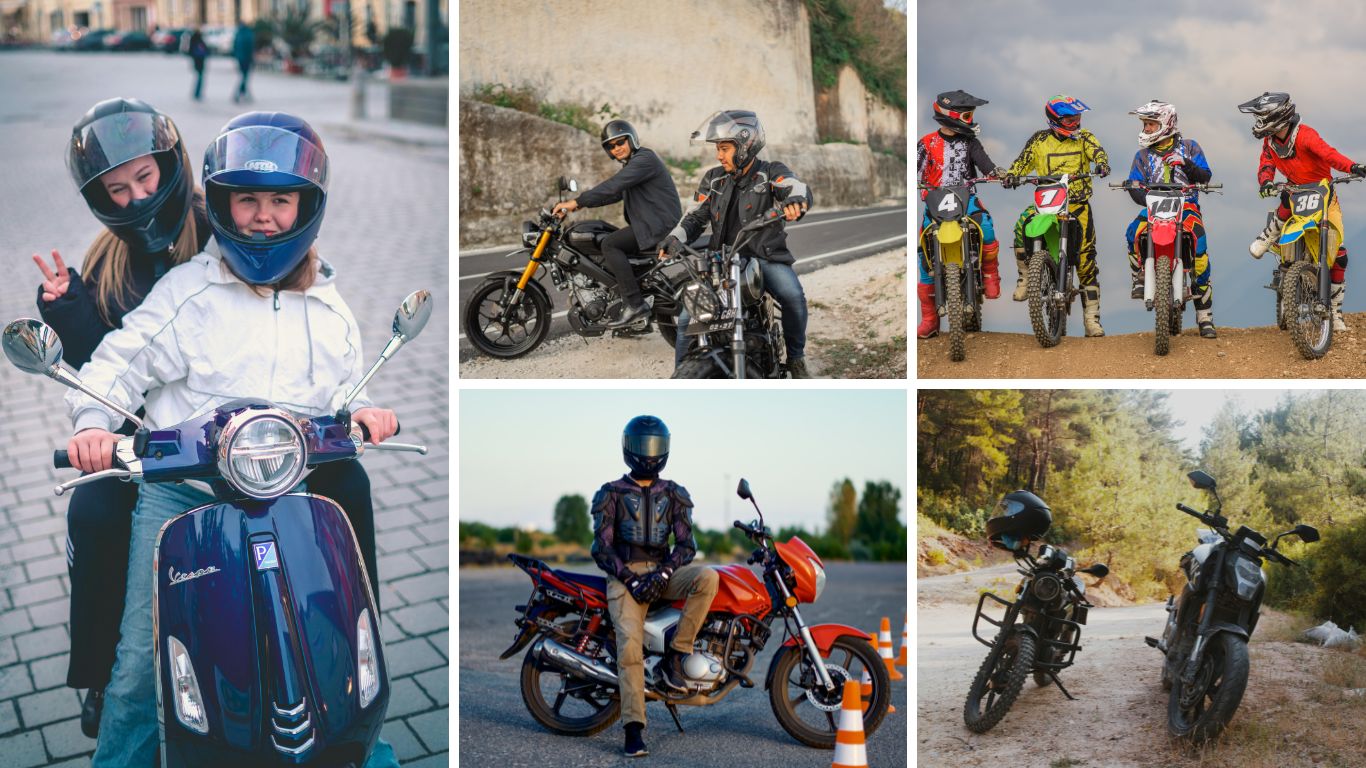 Different types of motorbike riding including scooters street bikes and off road motorcycles