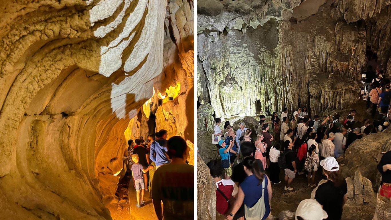 Parents and children exploring a limestone cave in Halong Bay
