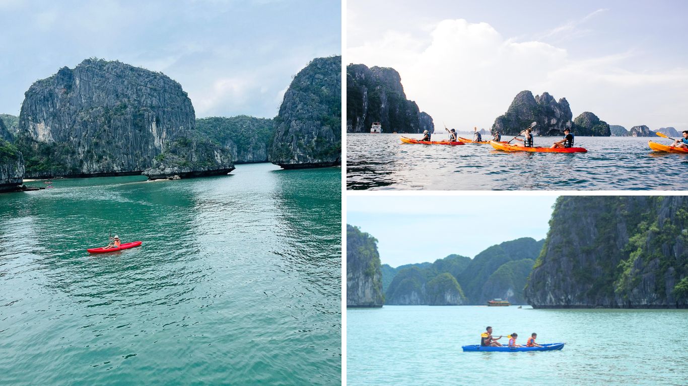 Parents and children kayaking together in Halong Bay