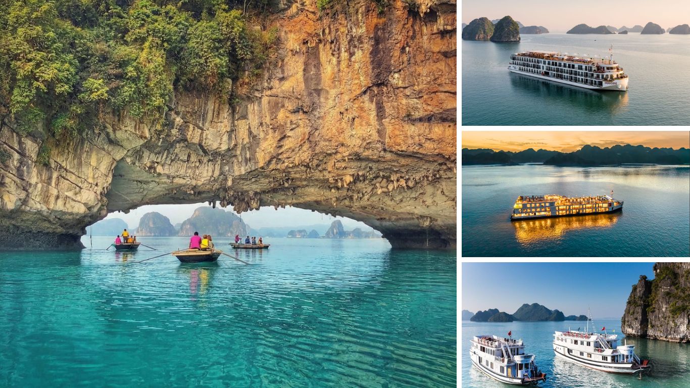 Halong Bay cruise boats and traditional rowing boats passing through a limestone arch over turquoise water