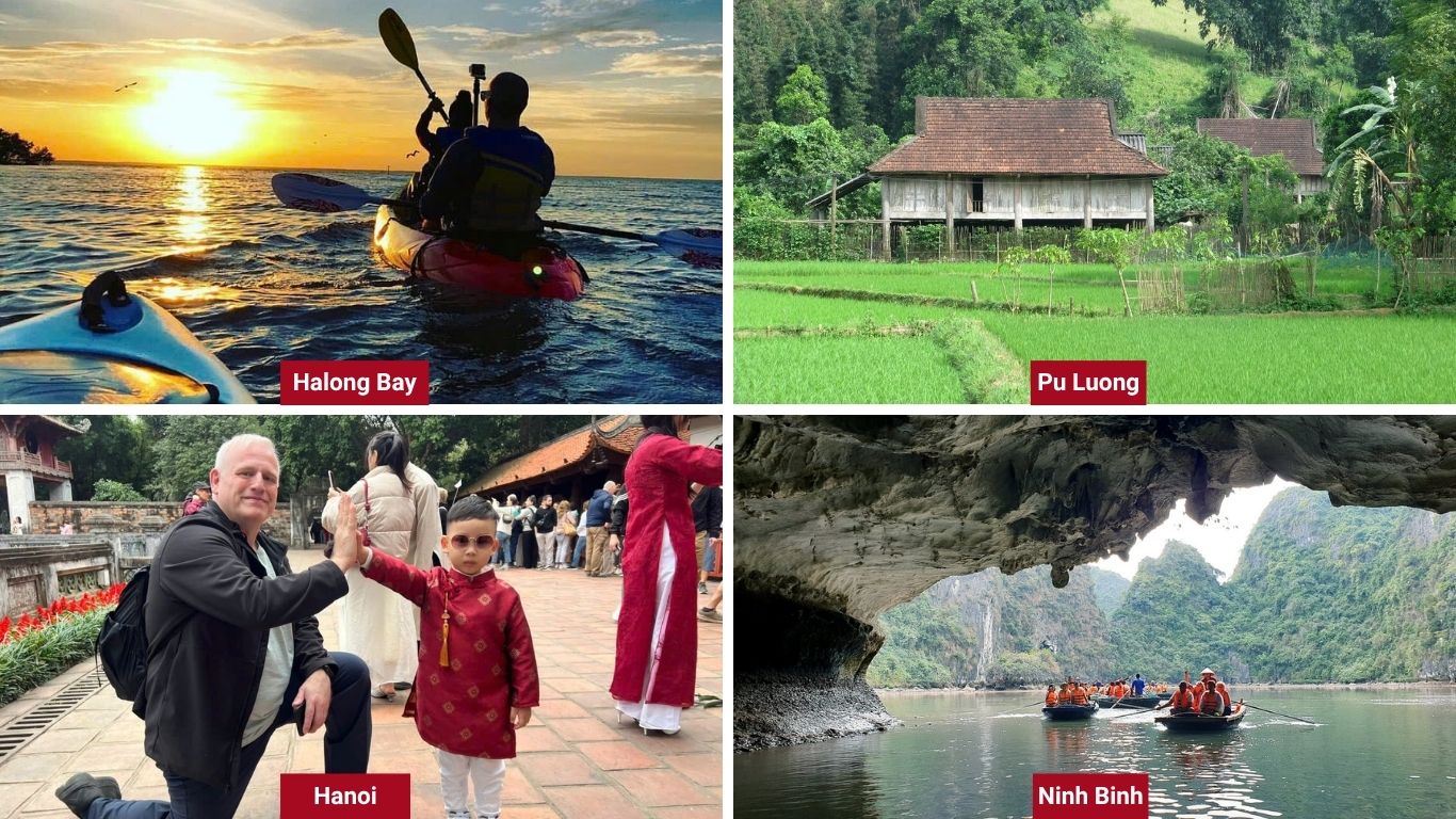 Northern Vietnam travel highlights including kayaking in Halong Bay, traditional stilt houses in Pu Luong, temple visit in Hanoi, and boat tour through Ninh Binh caves
