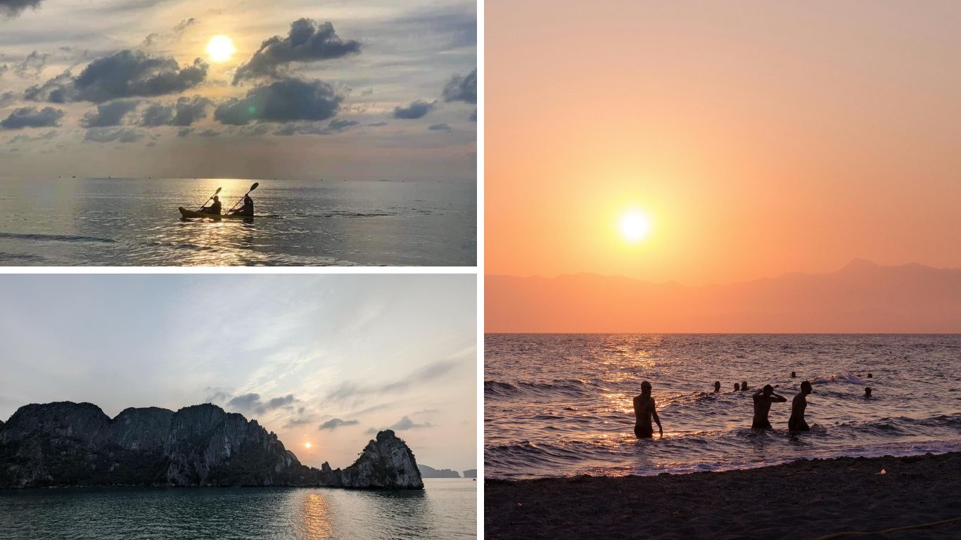 Kayaking, sunset over limestone karsts, and swimming on the beach in Halong Bay in June