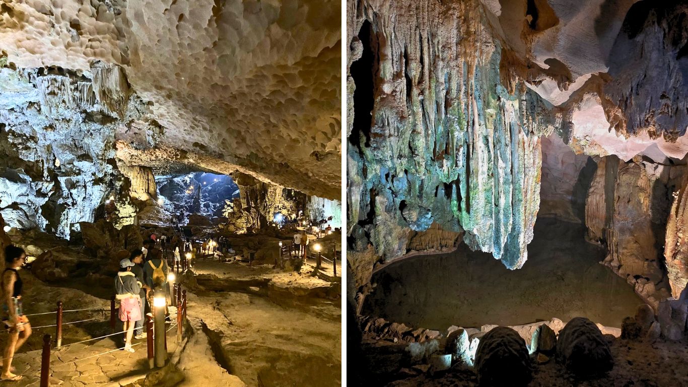 Inside Sung Sot Cave in Halong Bay, showing vast chambers, stalactites and visitors exploring the lit walkways