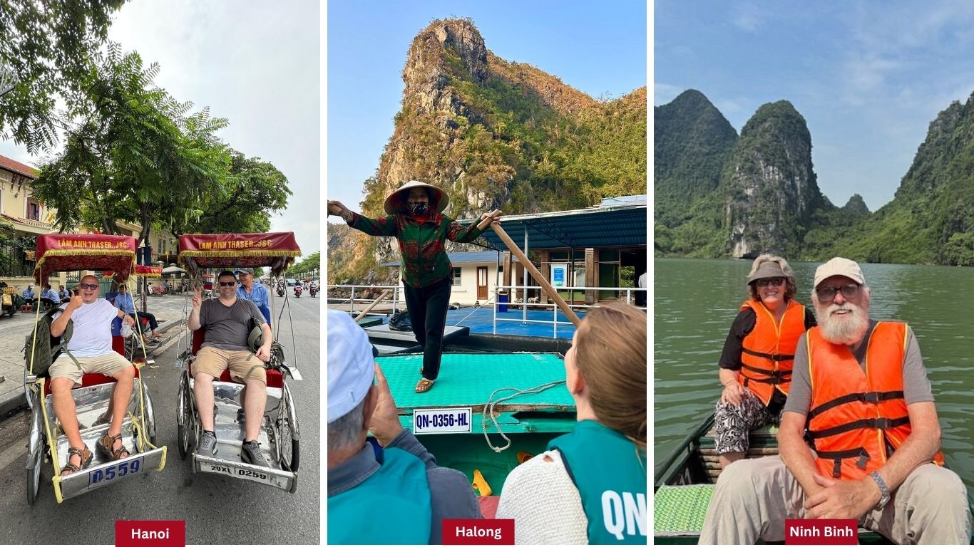 Travelers enjoying a cyclo tour in Hanoi, a traditional rowing boat excursion in Halong Bay, and a scenic karst landscape cruise in Ninh Binh, Vietnam