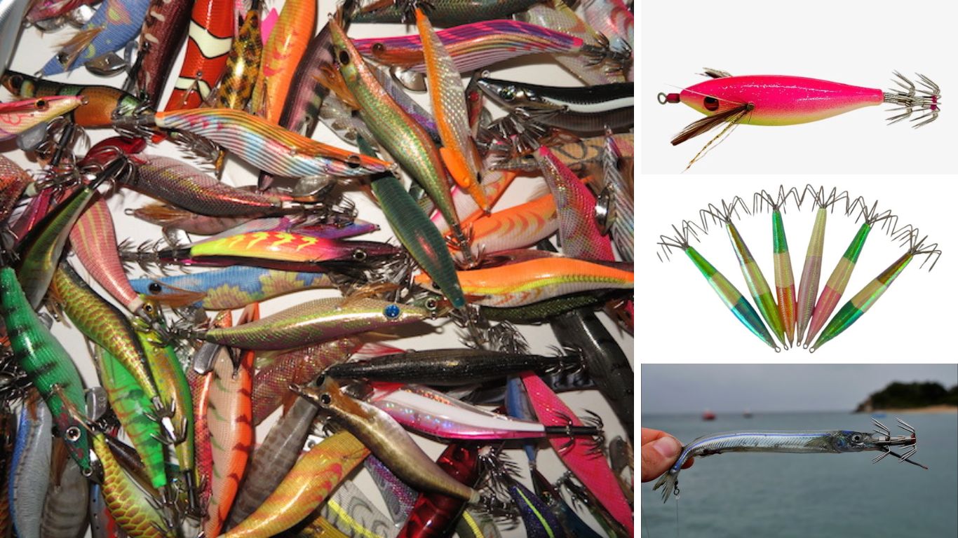 Various types of squid fishing lures and jigs including shrimp-shaped rubber baits with hooks, used for squid fishing in Halong Bay at night.