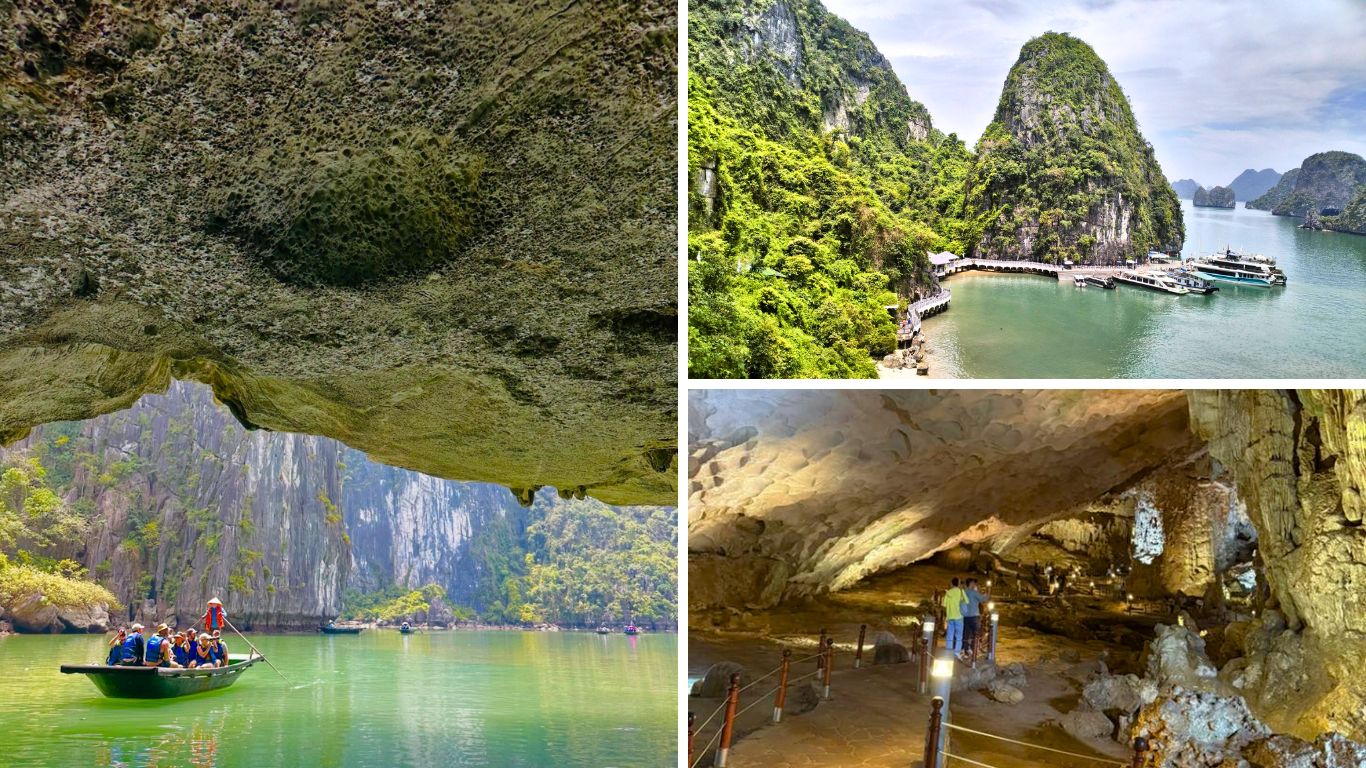 Collage of Halong Bay experiences including a rowing boat passing through a cave arch, an aerial view of green karsts and cruise boats, and tourists walking inside an illuminated limestone cave.