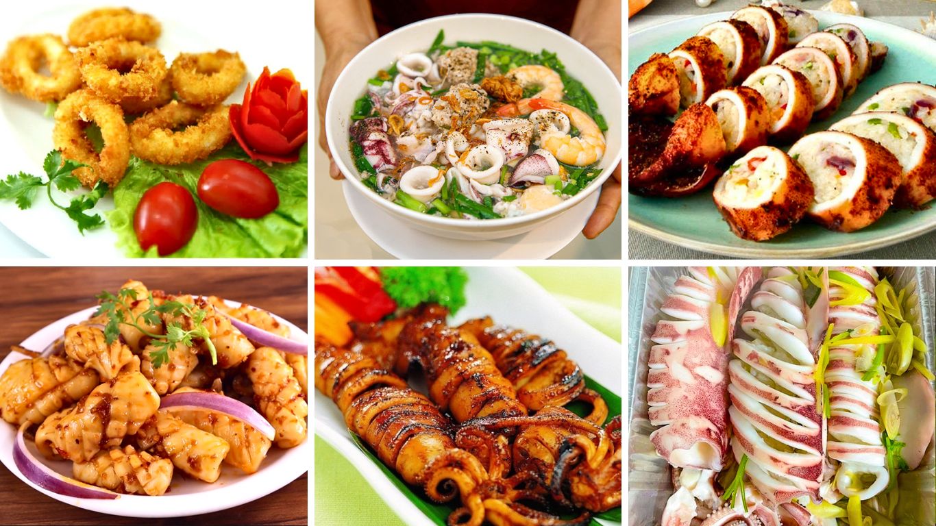 A variety of Vietnamese squid dishes including fried calamari rings, seafood hotpot, grilled squid skewers, stuffed squid rolls and steamed squid with ginger and spring onion.